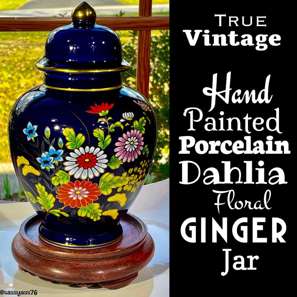 ⭐️HP⭐️VTG▪️1970's 1980's Hand Painted Porcelain Dahlia Floral Ginger Jar